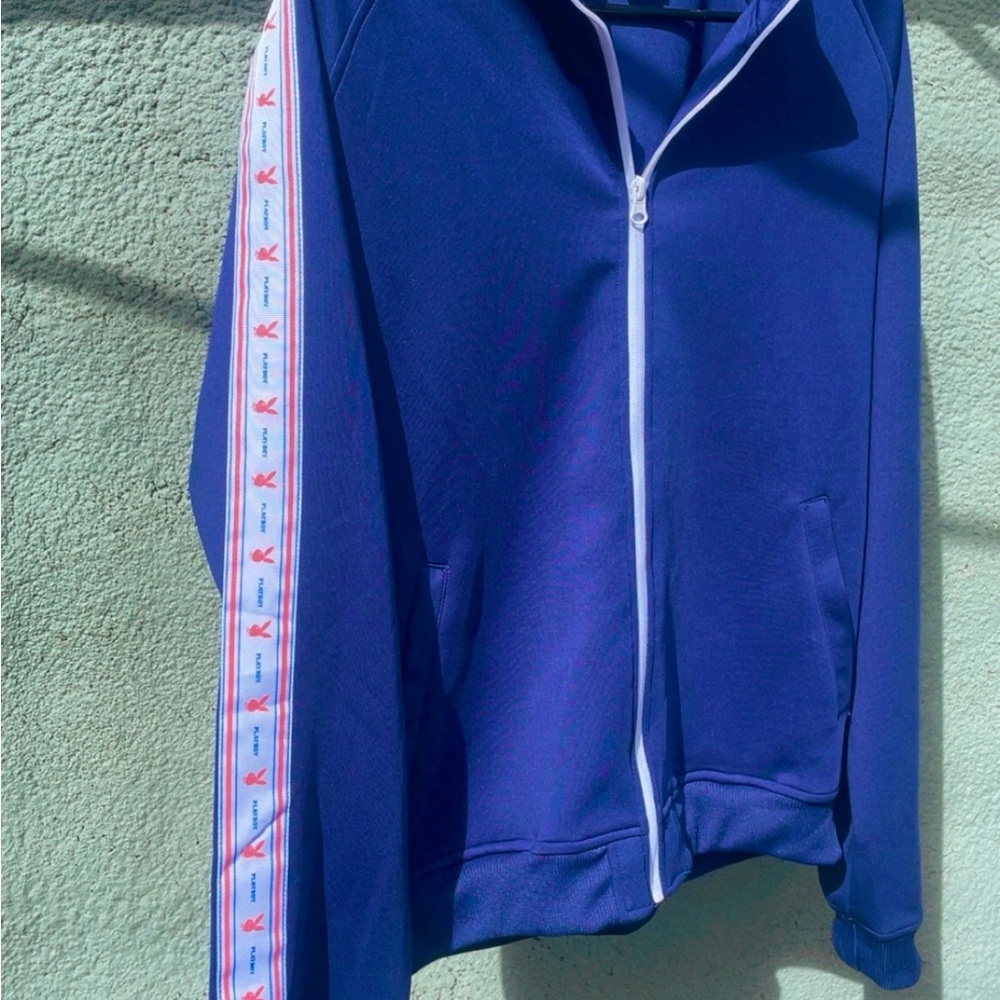 Navy Blue Playboy Track Jacket with logo strips on sleeves Size Large NWOT MENs